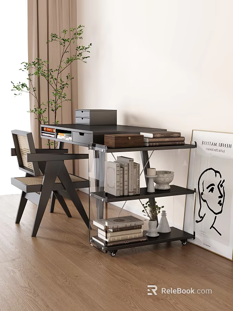 Modern Home Office Desk with Wicker Chair Glass Shelf Books Decorative Bowl and Art Print 3d model 