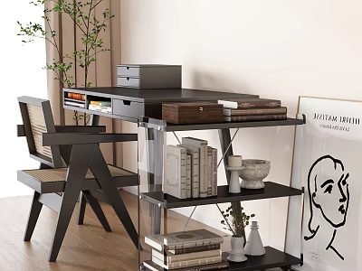 Modern Home Office Desk with Wicker Chair Glass Shelf Books Decorative Bowl and Art Print 3d model