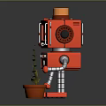Red Robot With Smiling Face And Metal Arms Next To Potted Green Leaf Plant