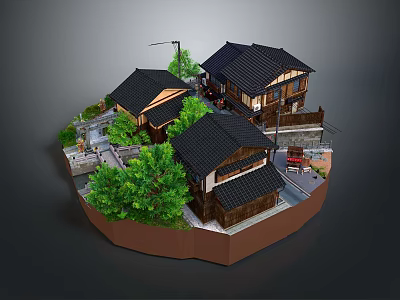 Cartoon Scene Of Traditional Japanese Village With Wooden Houses Black Roofs And Green Trees 3d model