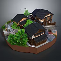 Cartoon Scene Of Traditional Japanese Village With Wooden Houses Black Roofs And Green Trees