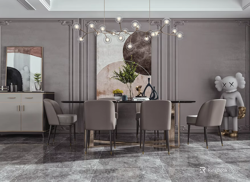 Modern Dining Table Set With Gray Chairs Black Table Chandelier And KAWS Sculpture 3d model