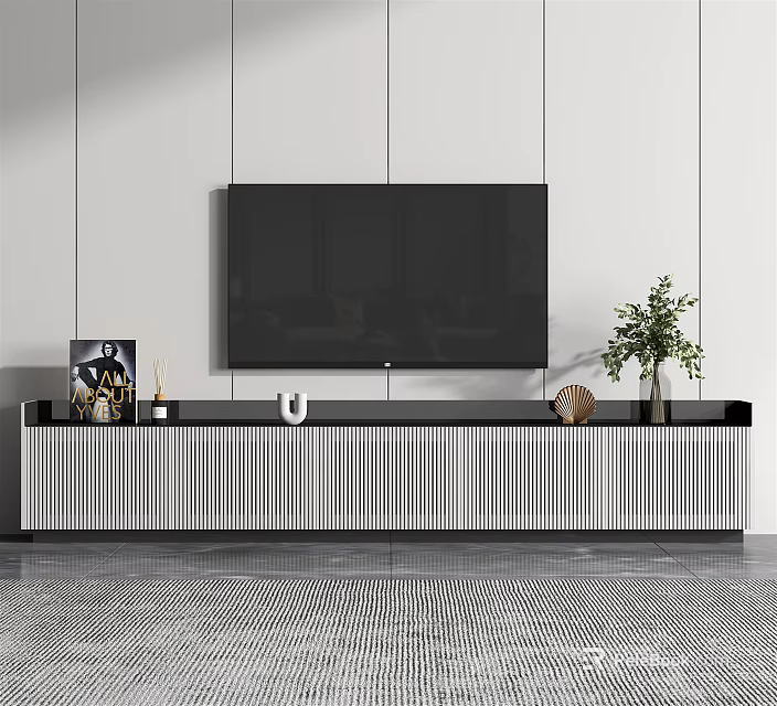 Modern Striped TV Stand With Mounted TV Decor Items And Green Plant In Living Room 3d model 