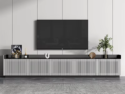 Modern Striped TV Stand With Mounted TV Decor Items And Green Plant In Living Room 3d model