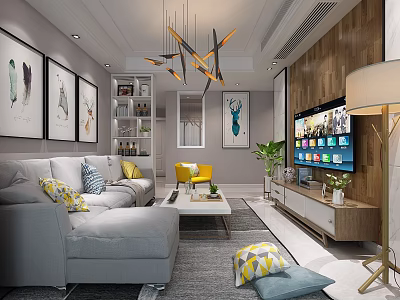 Modern Living Room Interior With Gray Sectional Sofa Yellow Pillows And Wooden TV Wall 3d model