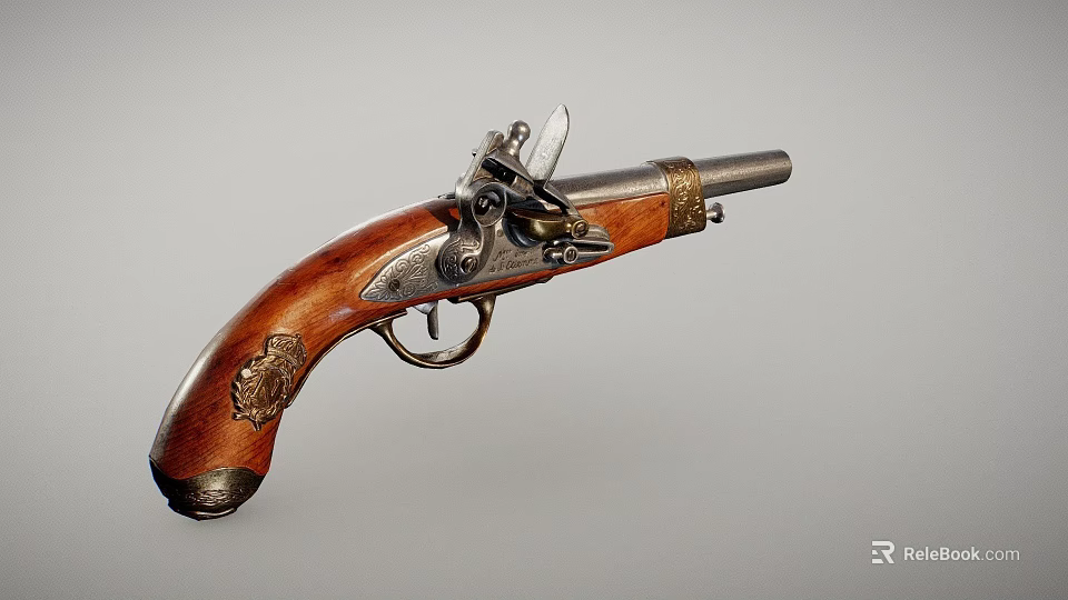 Antique Pistol with Wooden Grip and Intricate Metal Components in Vintage Design 3d model 