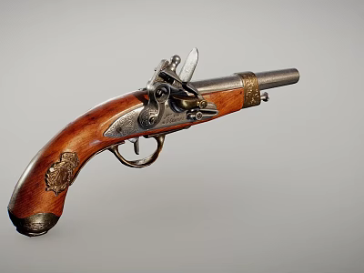 Antique Pistol with Wooden Grip and Intricate Metal Components in Vintage Design 3d model