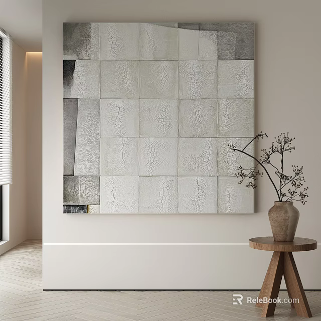 Abstract Painting Featuring Textured Square Panels In Neutral Tones For Modern Interior With Wooden Table And Vase 3d model 
