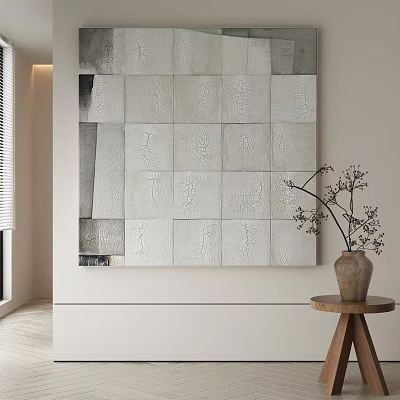 Abstract Painting Featuring Textured Square Panels In Neutral Tones For Modern Interior With Wooden Table And Vase 3d model