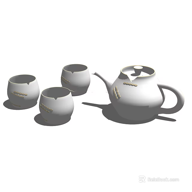 Modern Minimalist White Porcelain Tea Set With Teapot And Three Cups Classic Design 3d model 