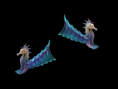 Two Vibrant Blue Purple Seahorses With Wing Like Fins Against Black Background Aquatic Animal Illustration 3d model