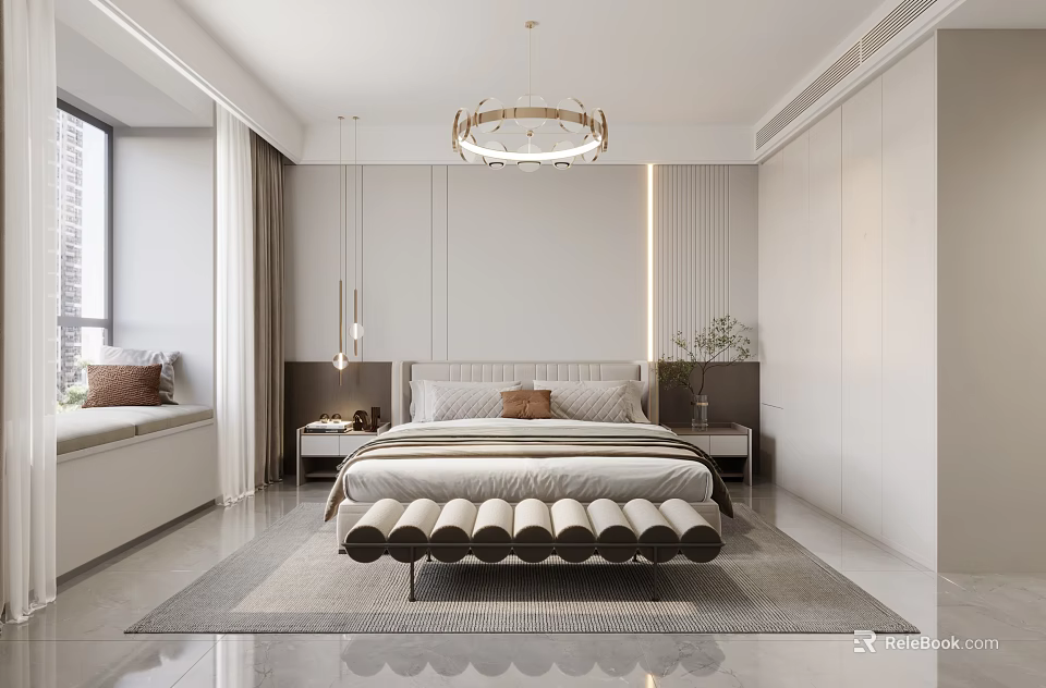 Modern Bedroom Interior With Padded Headboard Bed Circular Base Nightstands Chandelier Window Seat Striped Walls 3d model 