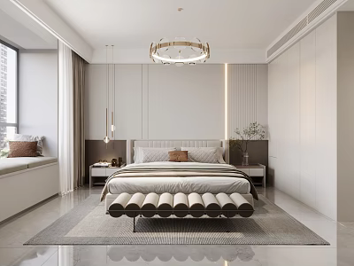 Modern Bedroom Interior With Padded Headboard Bed Circular Base Nightstands Chandelier Window Seat Striped Walls 3d model