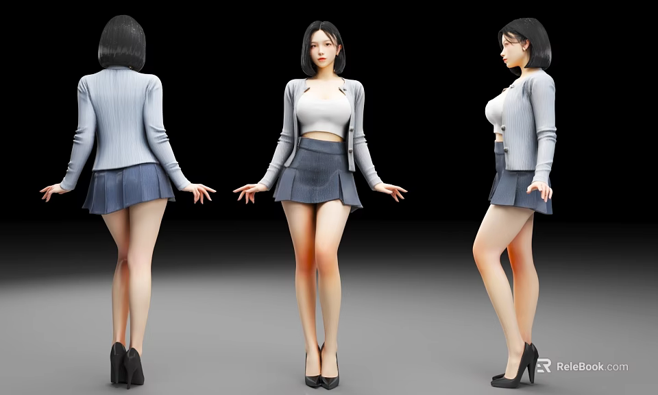 Woman In Gray Blazer White Top Blue Skirt Black High Heels Back Front Side Views 3d model 