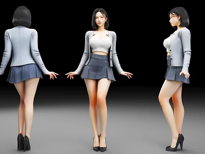 Woman In Gray Blazer White Top Blue Skirt Black High Heels Back Front Side Views 3d model