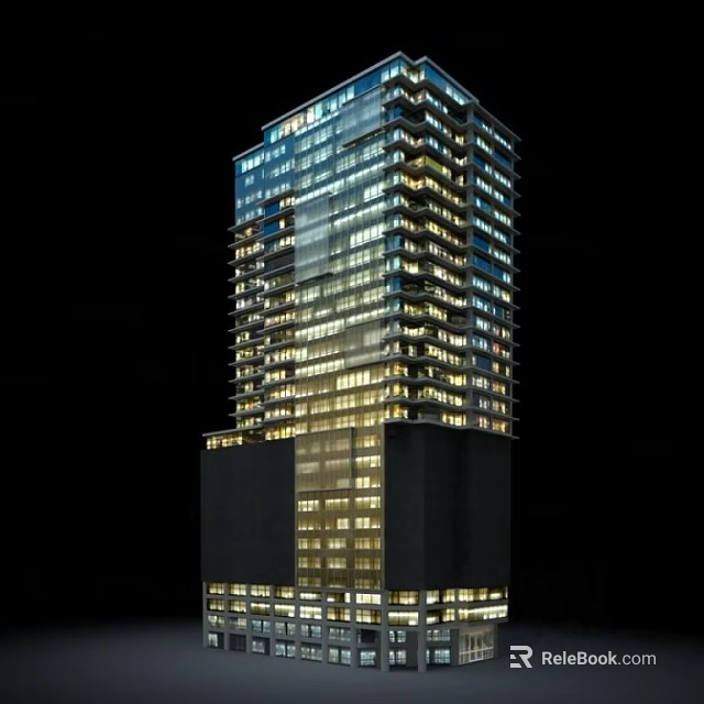 Modern High Rise Office Building At Night With Illuminated Windows And Exterior Lights 3d model 