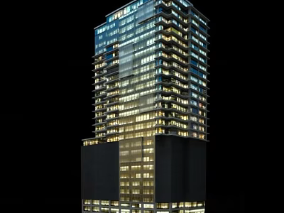 Modern High Rise Office Building At Night With Illuminated Windows And Exterior Lights 3d model