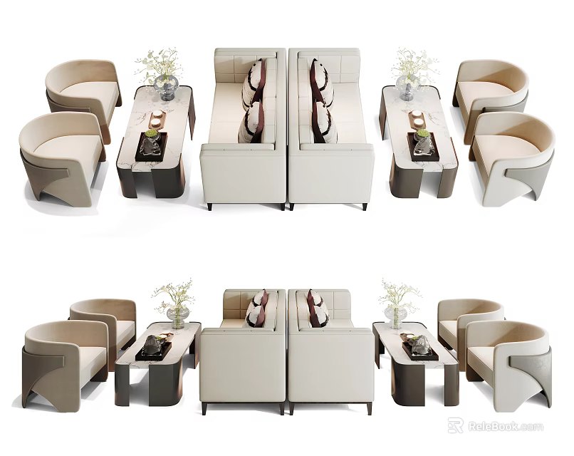 Modern Public Chairs Design With Beige Sofa Coffee Tables And Decorative Vases 3d model 