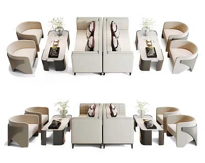 Modern Public Chairs Design With Beige Sofa Coffee Tables And Decorative Vases 3d model