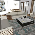 Modern Living and Dining Room Interior with Sofa Coffee Table Slatted Blinds and Large Windows
