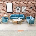 Modern Blue Sofa Set and Coffee Table with Gold Frame and Brick Wall Artwork 3d model
