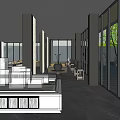 Modern Sales Office With Glass Facade Black Roof Surrounded By Trees And Landscaped Garden