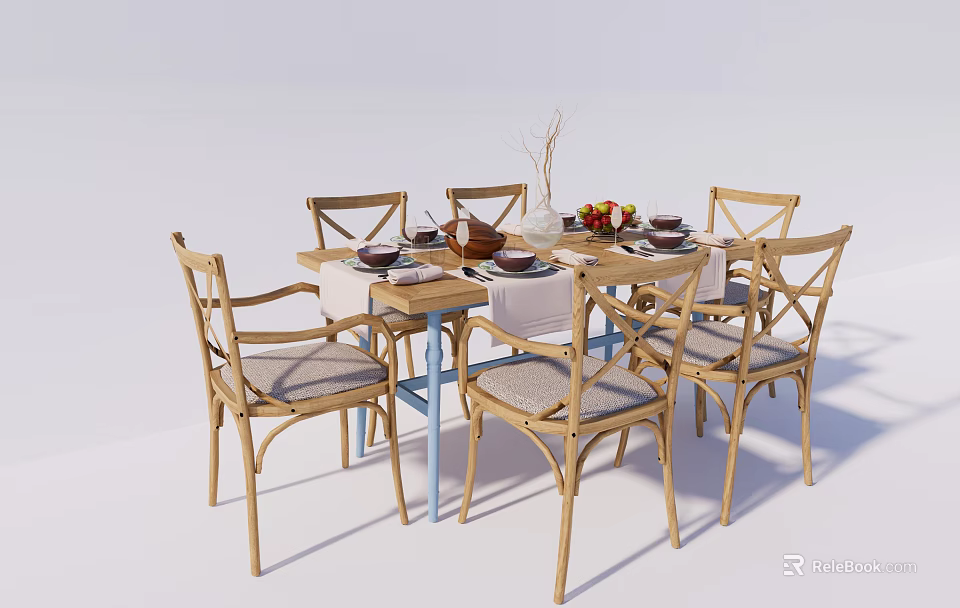Rustic Wooden Dining Table Set With Six Upholstered Chairs And Fruit Platter Decor 3d model