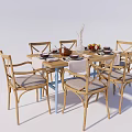 Rustic Wooden Dining Table Set With Six Upholstered Chairs And Fruit Platter Decor 3d model