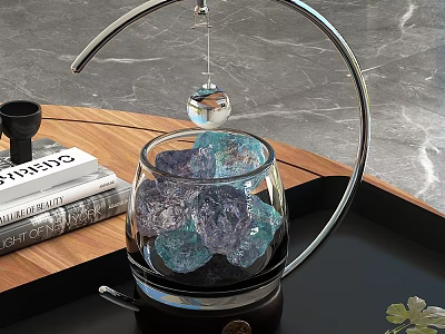 Elegant Decorative Ornament Set with Glass Container Blue Purple Stones Transparent Sphere and Metal Stand 3d model