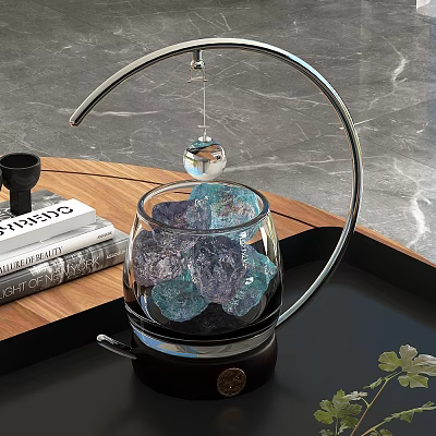 Elegant Decorative Ornament Set with Glass Container Blue Purple Stones Transparent Sphere and Metal Stand 3d model