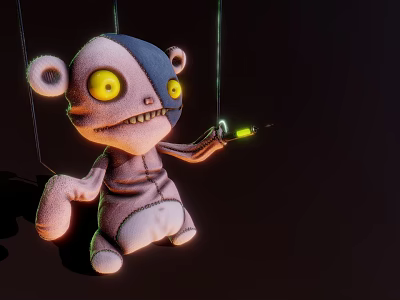 Game Movie Character Stitched Doll With Yellow Eyes Blue Half Face And Green Glowing Object 3d model