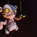 Game Movie Character Stitched Doll With Yellow Eyes Blue Half Face And Green Glowing Object