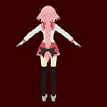 Woman with pink hair white top red skirt black stockings gray shoes dark red background