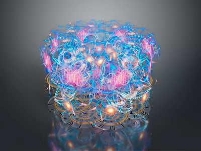 Modern Futuristic Tech Structure With Illuminated Blue Pink Lines Light Dots And Bottom Clock Reflection 3d model