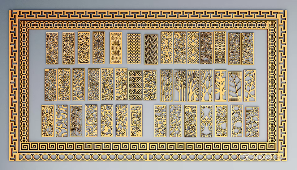 Golden Carved Partition Designs With Various Intricate Patterns And Decorative Borders 3d model