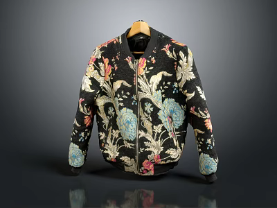 Floral Printed Bomber Jacket With Black Base And Colorful Flower Patterns 3d model