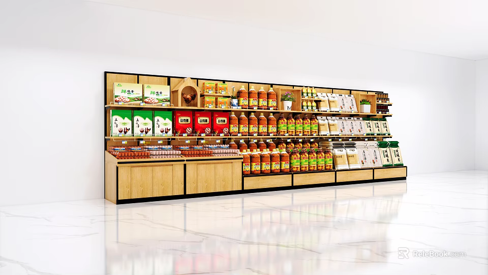 Store Display Shelves Featuring Multi Layer Racks With Assorted Food And Beverage Products 3d model