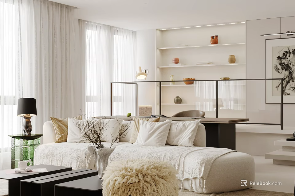 Modern Living Room Interior With White Sofa Light Curtains Furry Rug And Decorative Shelves 3d model 