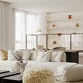 Modern Living Room Interior With White Sofa Light Curtains Furry Rug And Decorative Shelves