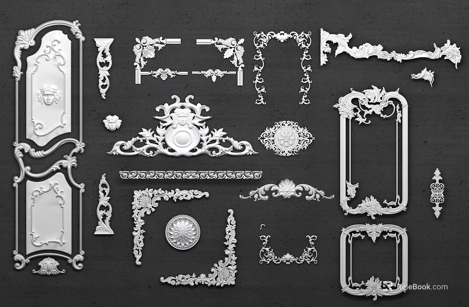 Display Of Decorative Carvings With Ornate Frames Intricate Patterns And Classical Ornaments 3d model 