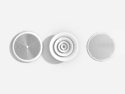 Modern Three White Circular Air Conditioner Vents With Different Grille Patterns 3d model