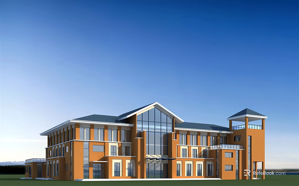 Modern Office Building With Orange Brown Facade Large Glass Windows And Dark Roof 3d model 