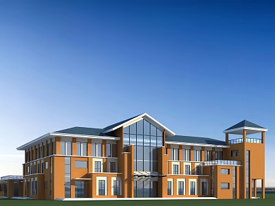 Modern Office Building With Orange Brown Facade Large Glass Windows And Dark Roof 3d model