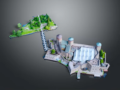 Fortress Building Model Featuring Towers White Roof Structure Green Vegetation And Bridge 3d model