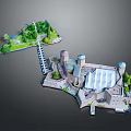 Fortress Building Model Featuring Towers White Roof Structure Green Vegetation And Bridge