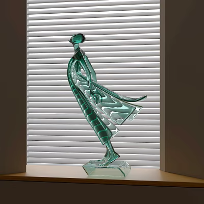 Green Glass Female Figurine With Flowing Dress For Decorative Display On Windowsill With Blinds Background 3d model