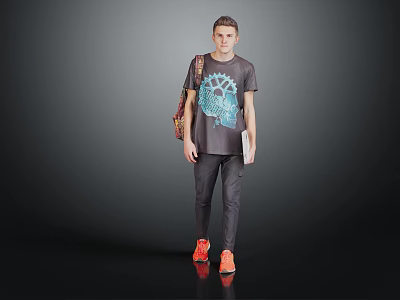 Man in Graphic Print T-shirt Carrying Patterned Backpack Holding Notebook Gray Pants Orange Shoes 3d model