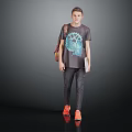 Man in Graphic Print T-shirt Carrying Patterned Backpack Holding Notebook Gray Pants Orange Shoes