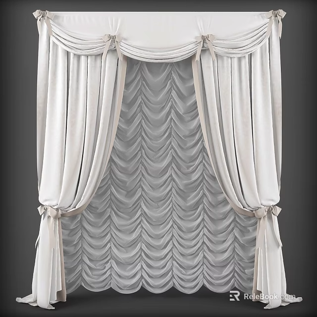 White Pleated Curtains With Decorative Valance And Tiebacks On Textured Backdrop 3d model