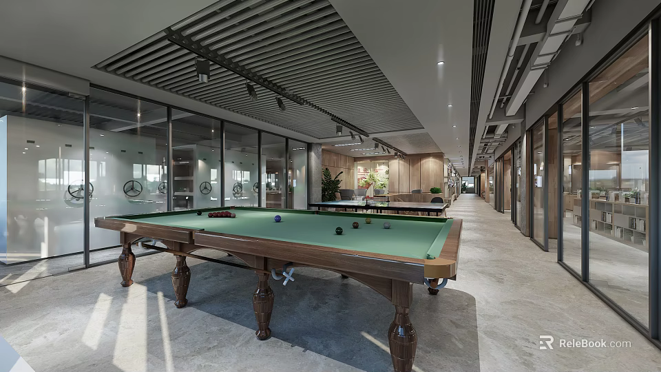 Leisure Area With Open Space Glass Partitions Wooden Pool Table And Green Plants 3d model 